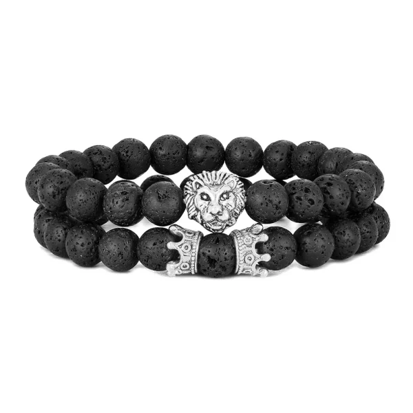2-Pcs-Set-Vintage-Lion-Head-and-Crown-Charm-Bracelet-8mm-Natural-Lava-Stone-Beads-Bracelet-1