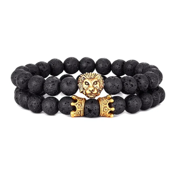 2-Pcs-Set-Vintage-Lion-Head-and-Crown-Charm-Bracelet-8mm-Natural-Lava-Stone-Beads-Bracelet