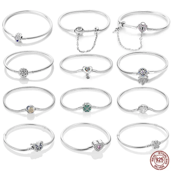 Bracelet-Silver-925-Original-17-20CM-Star-Moon-Sun-Four-Leaf-Clover-Green-Zircon-Bracelets-Fit