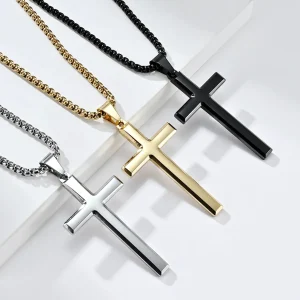 Mens Women Chain Necklace Black Cross Stainless Steel Pendant