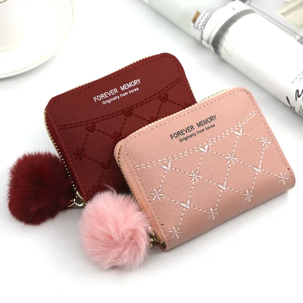 New-Embroidered-Wallet-for-Women-Ladies-Coin-Purses-Hairball-Tassel-PU-Leather-Zipper-Credit-Card-Holder